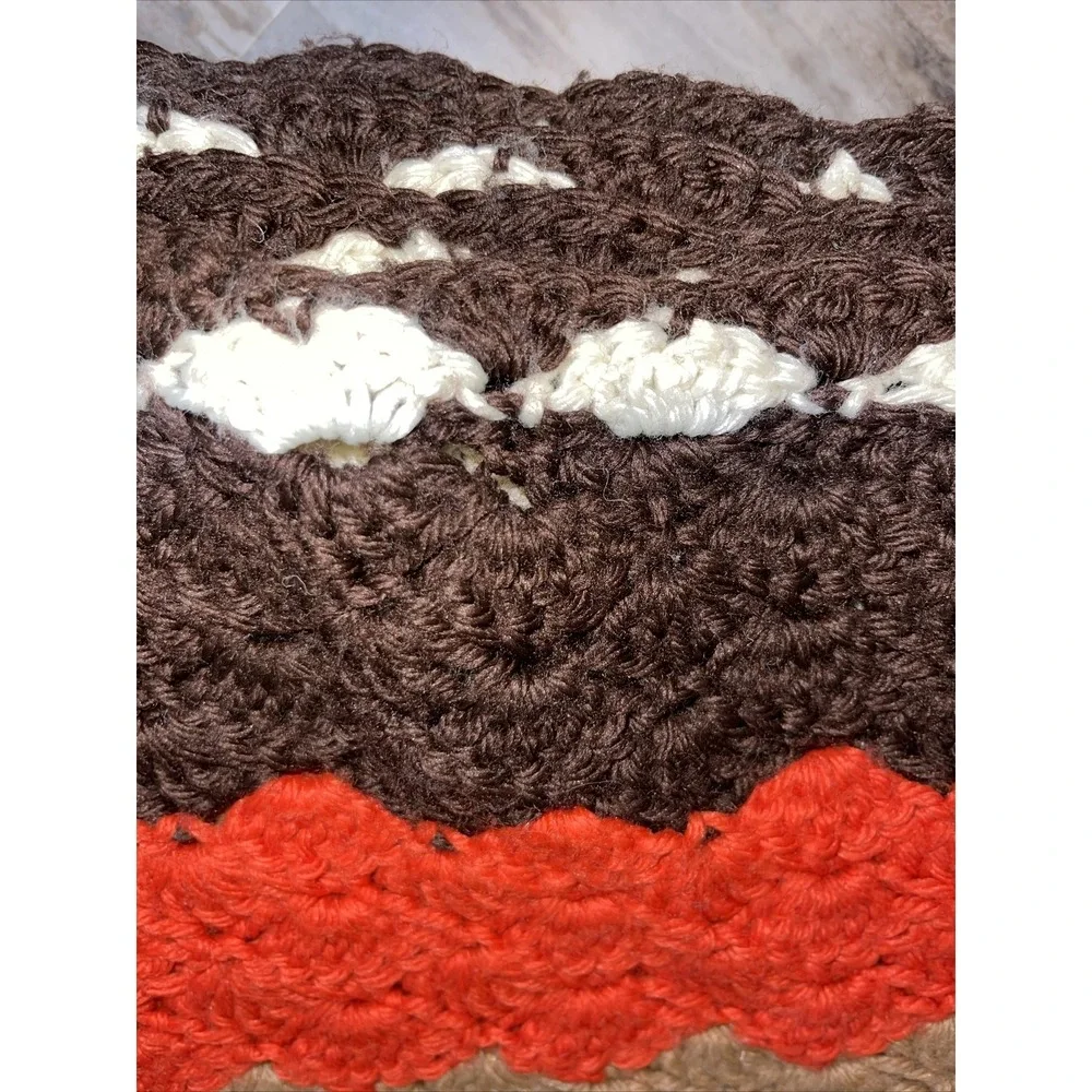 Vintage MCM Retro Fall Afghan Blanket Zig Zag Chevron Brown Orange White Throw